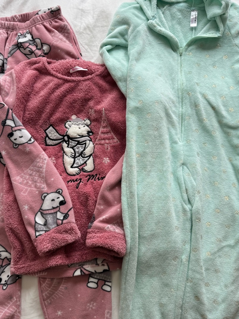 Kids Plush Polar Bear Pajama Set & Mint Fleece Onesie - Pink and Mint